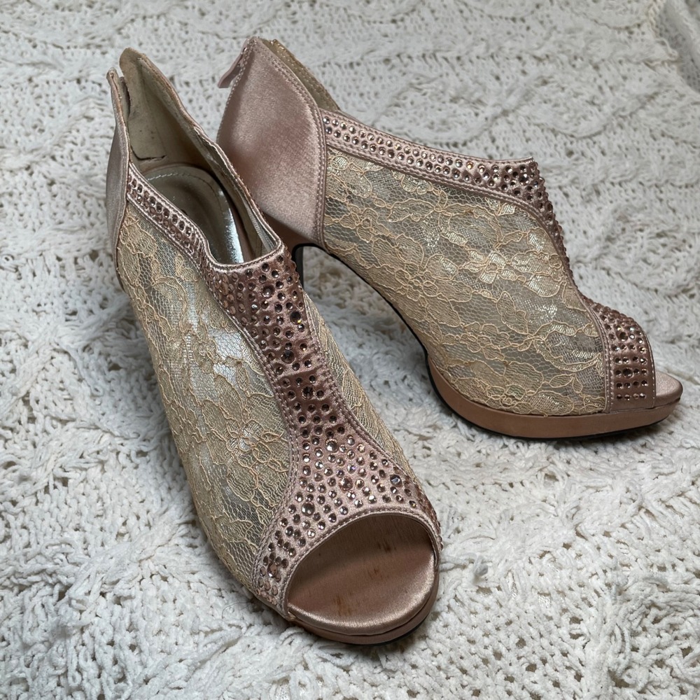 SNJ Yael-6 Rose Gold Lace Rhinestone Peep Toe Platform Bootie‎ Heels Size 10 - Picture 2 of 11